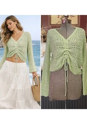 Jolie & Joy Open Knit Crochet Cinch Front Tie Sweater Light Green Boho Sz XL 💛🎀